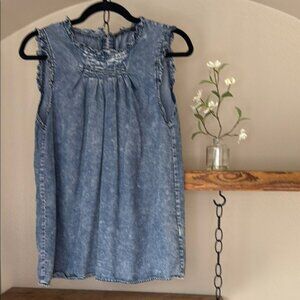 Doe & Rae Denim Smocked Ruffle Sleeveless Top, size S